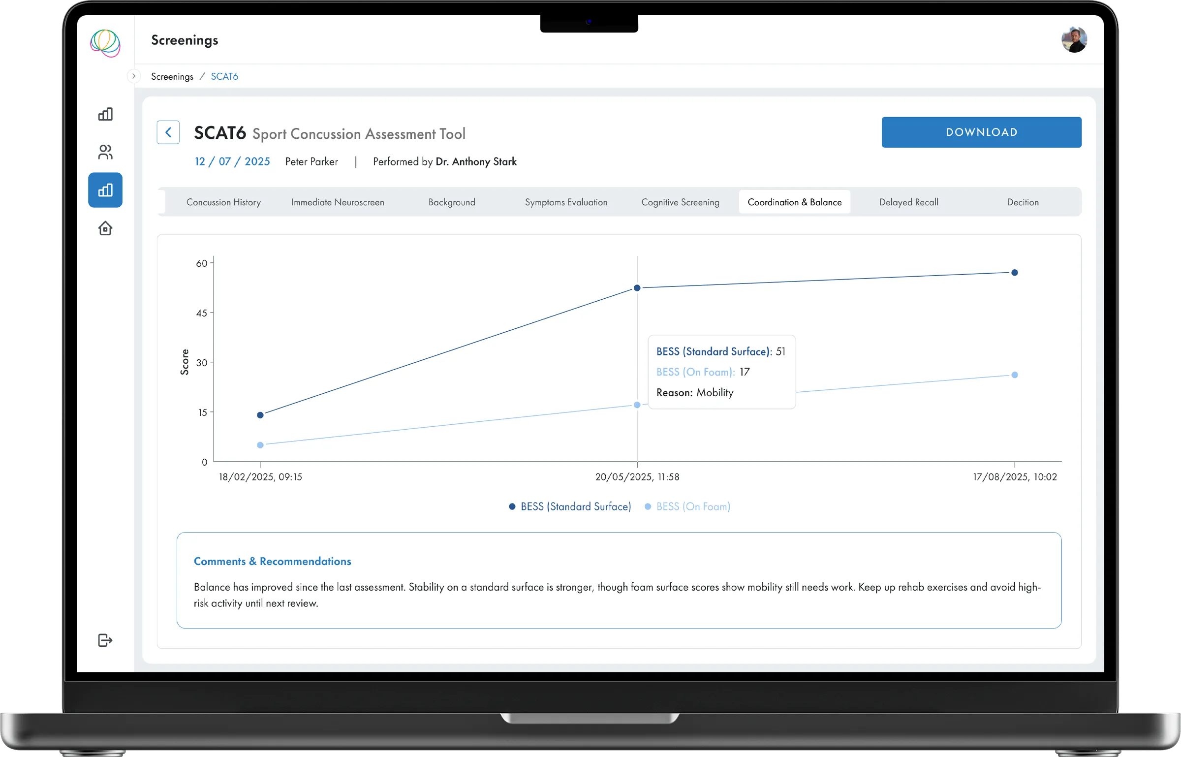ScreenIT SCAT6 balance assessment showing BESS score progress tracking over time with clinical recommendations
