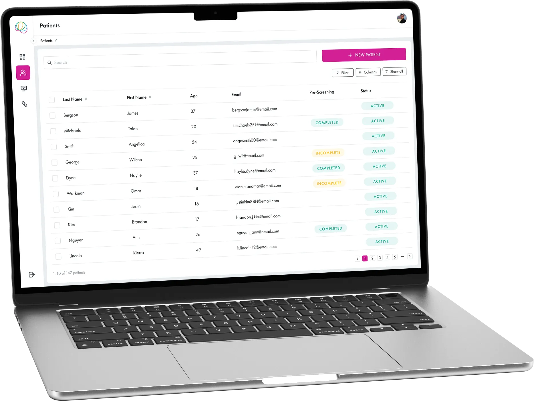 ScreenIT patient management dashboard showing patient list with screening status and activity indicators on laptop