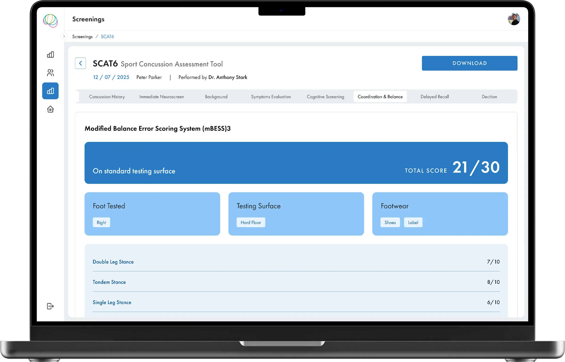 Automated SCAT6 scoring results showing Modified Balance Error Scoring System mBESS calculation