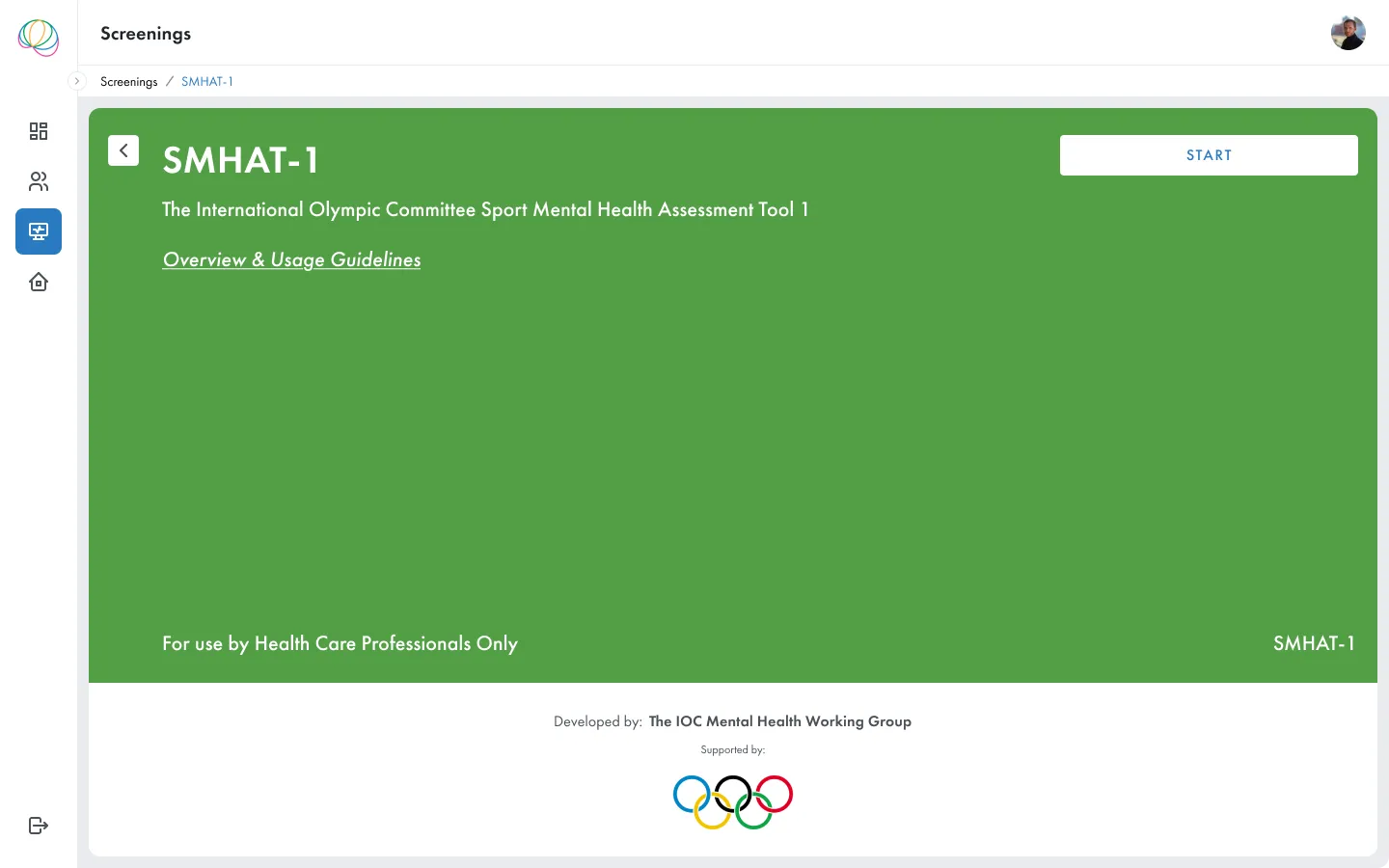 SMHAT-1 assessment start screen for Sport Mental Health Assessment Tool with usage guidelines