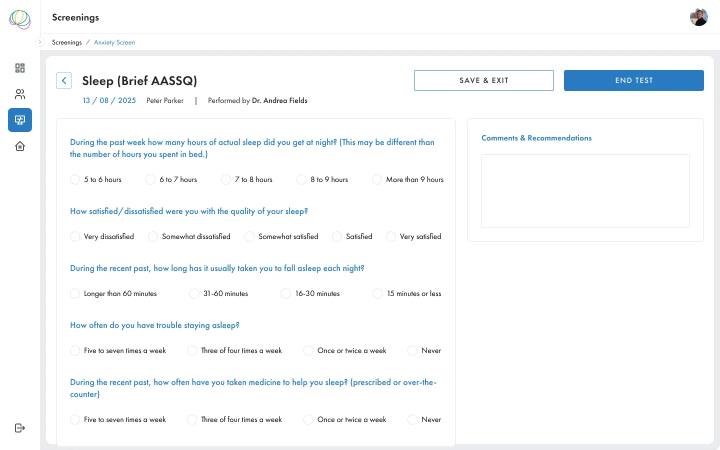 Sleep assessment questionnaire interface showing Brief AASSQ screening questions in ScreenIT platform