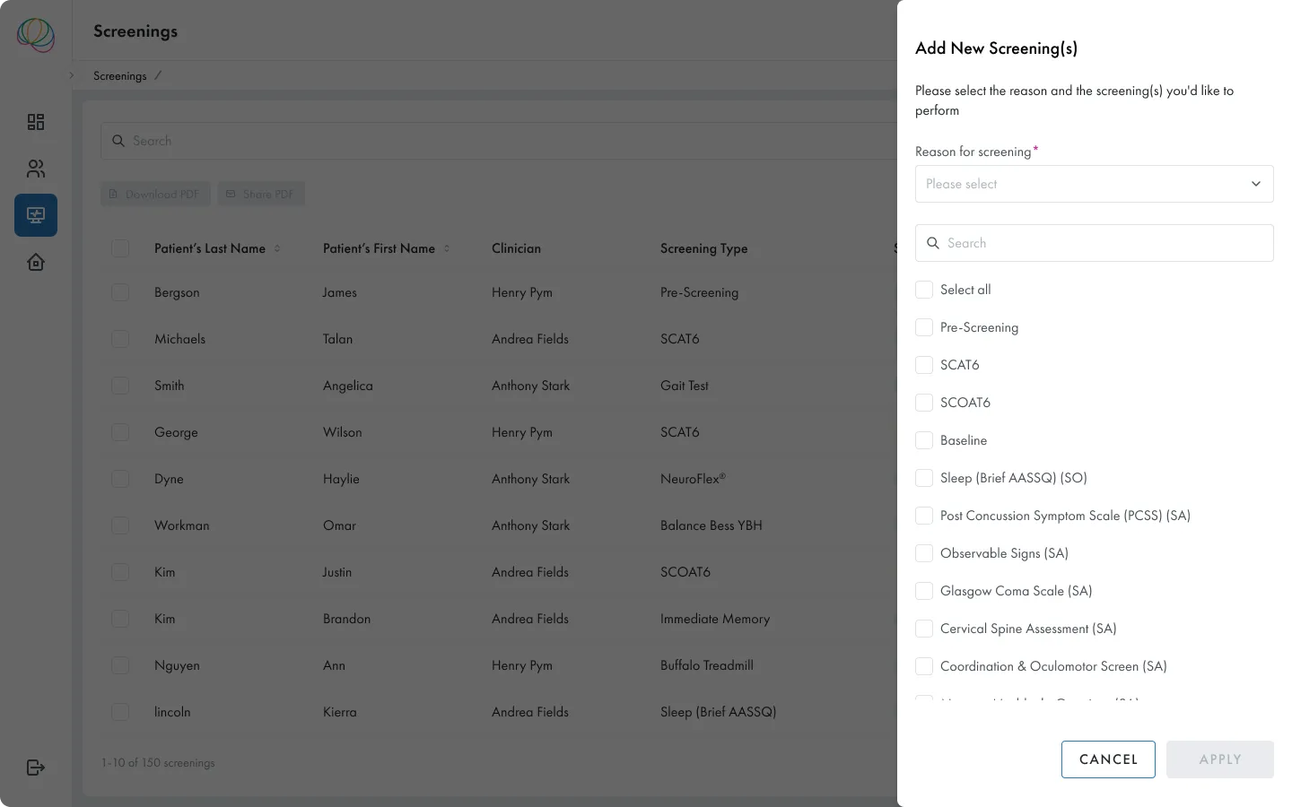 Add new screening interface showing selectable assessment types including SCAT6, SCOAT6, PCSS, and other concussion tests