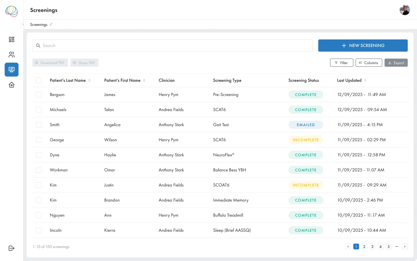 ScreenIT screenings dashboard displaying patient assessment records with completion status and filtering options