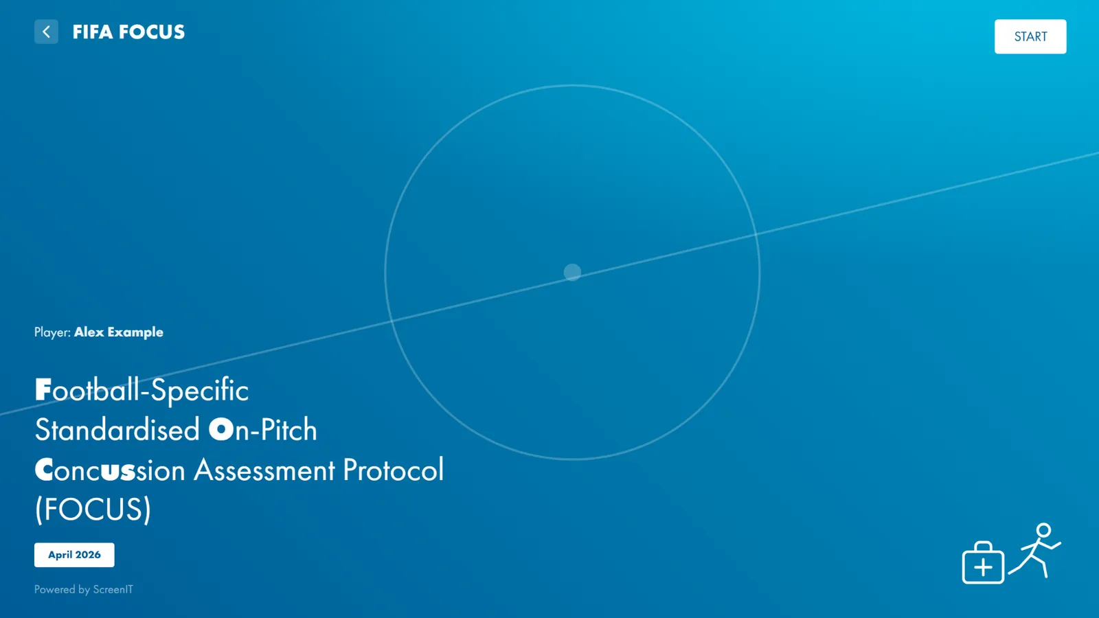 Digital FIFA FOCUS start screen in ScreenIT, the football on-pitch concussion assessment protocol, April 2026 edition